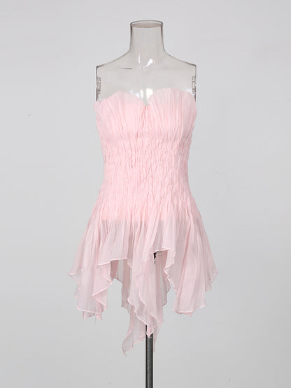 Pink Strapless Ruched Asymmetric Hem Top