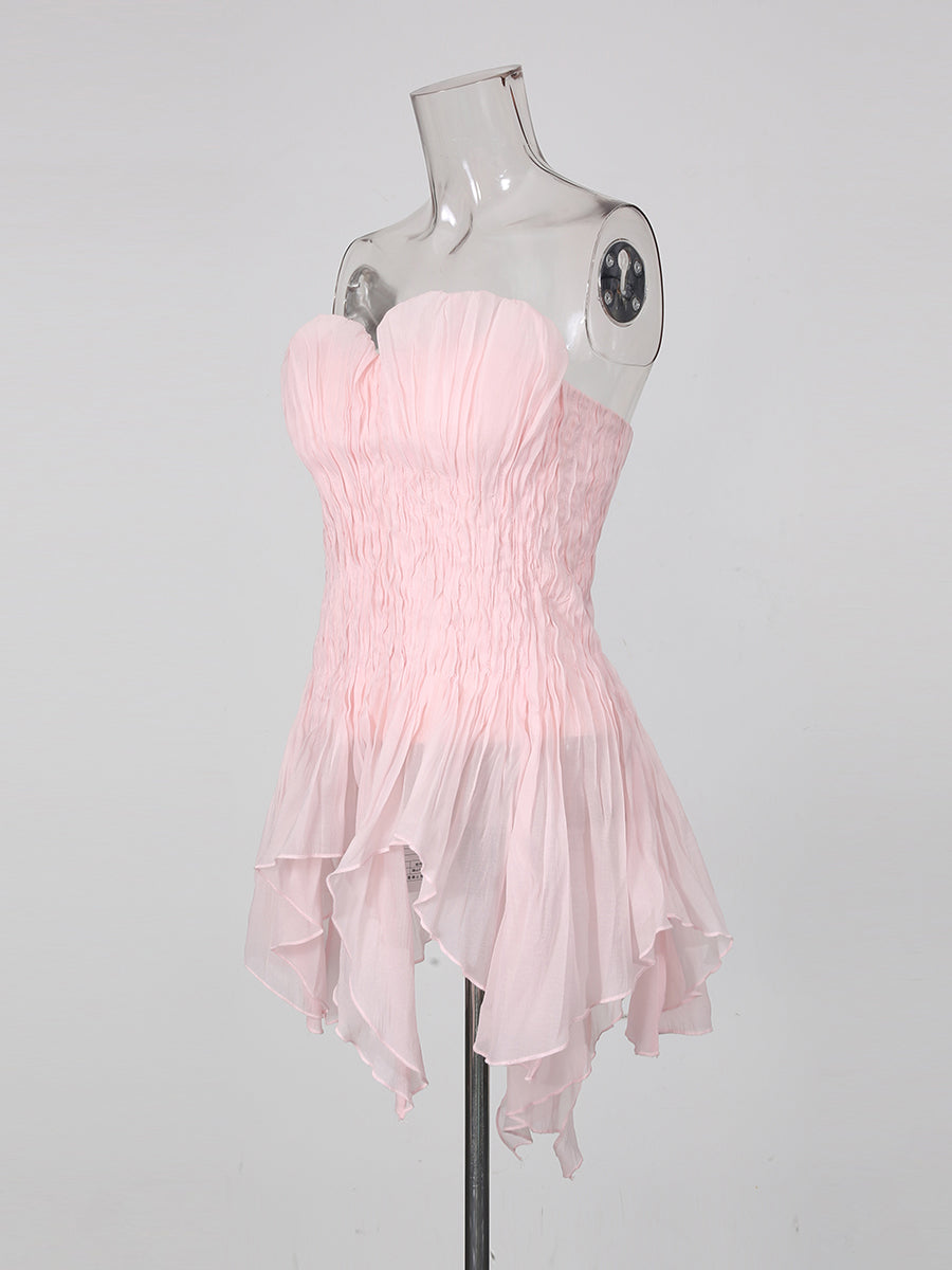 Pink Strapless Ruched Asymmetric Hem Top