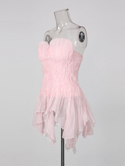 Pink Strapless Ruched Asymmetric Hem Top