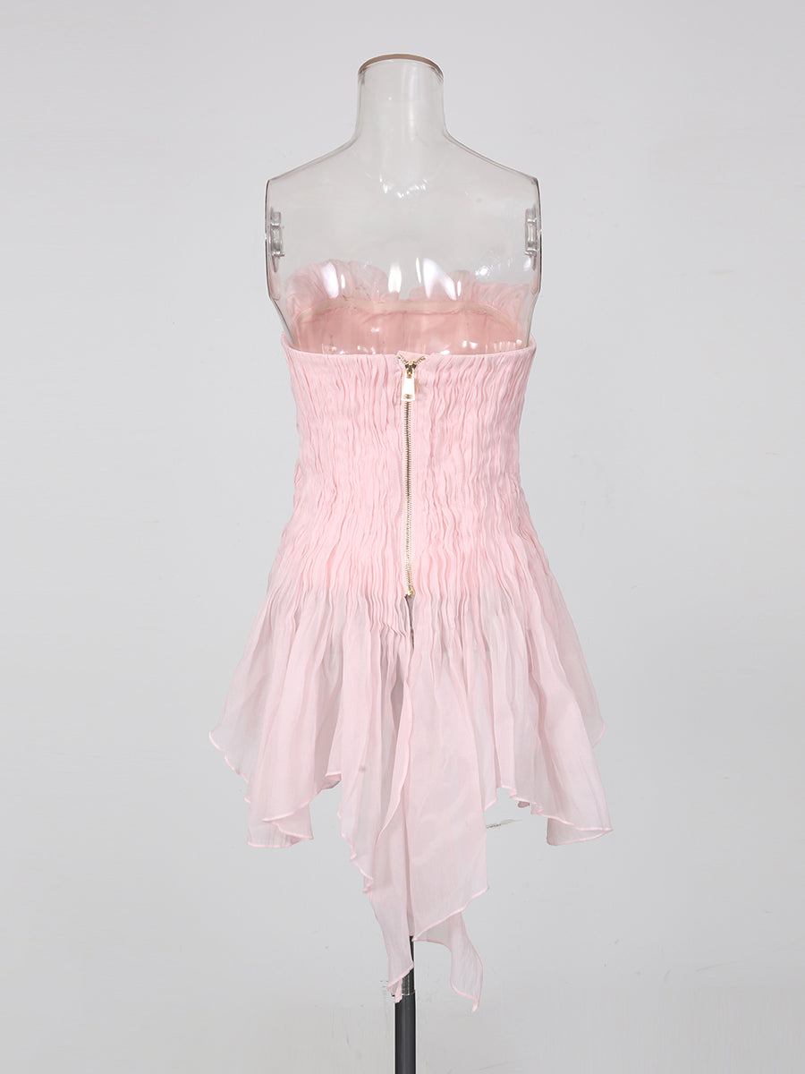 Pink Strapless Ruched Asymmetric Hem Top