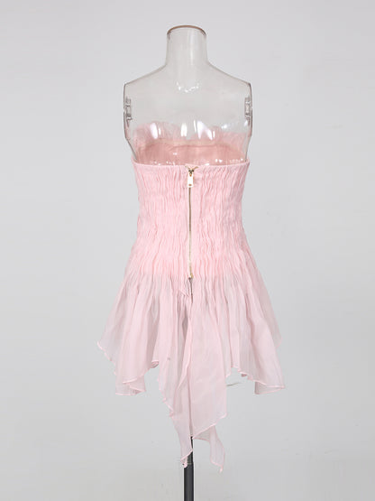 Pink Strapless Ruched Asymmetric Hem Top