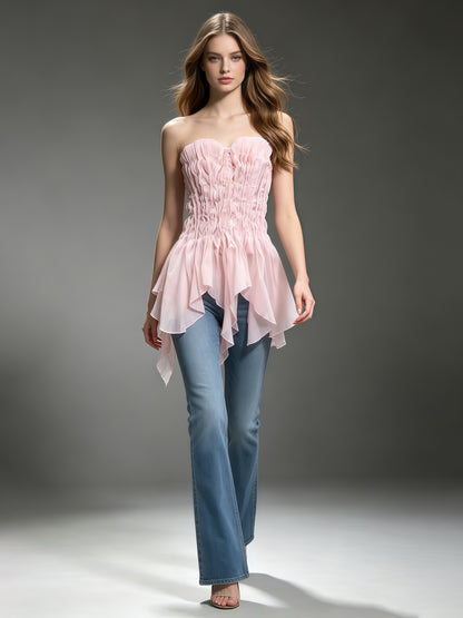 Pink Strapless Ruched Asymmetric Hem Top