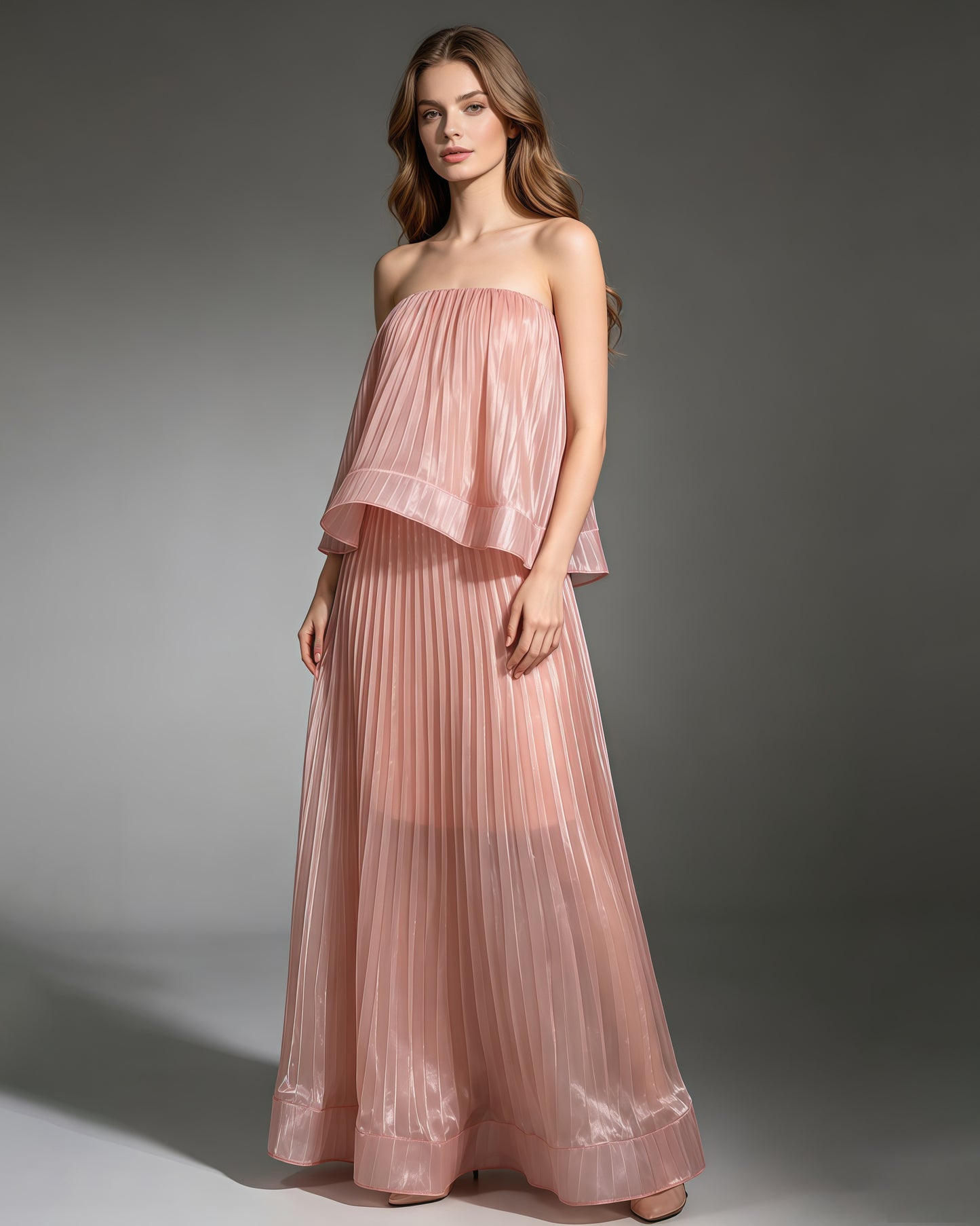 Pink Strapless Top High Waist Skirt Set