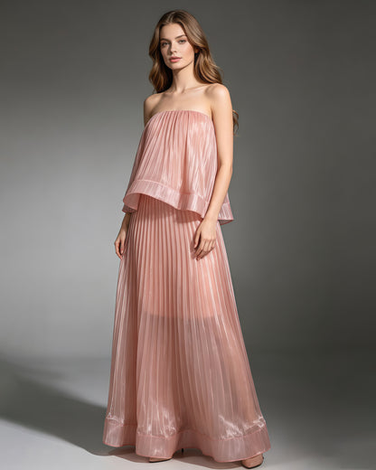 Pink Strapless Top High Waist Skirt Set