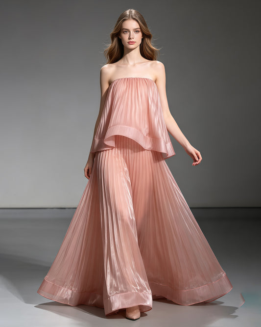 Pink Strapless Top High Waist Skirt Set