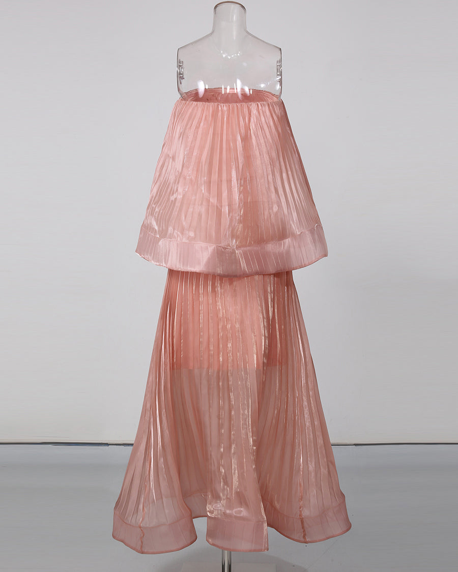 Pink Strapless Top High Waist Skirt Set
