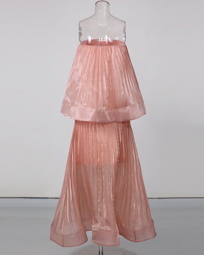 Pink Strapless Top High Waist Skirt Set
