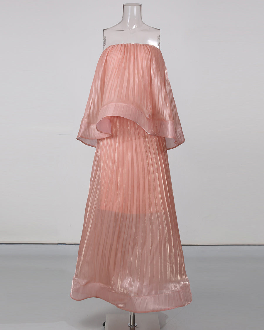 Pink Strapless Top High Waist Skirt Set