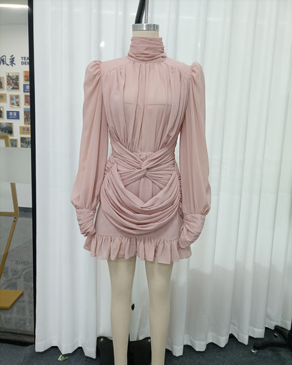 Pink Turtleneck Twist Ruched Puff Sleeve Mini Dress