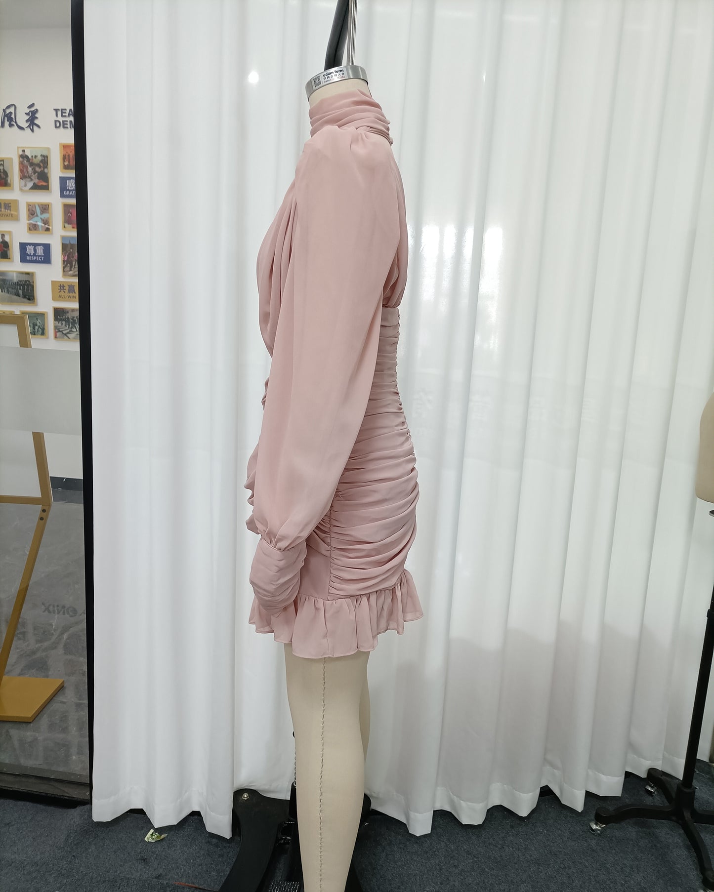Pink Turtleneck Twist Ruched Puff Sleeve Mini Dress