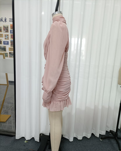 Pink Turtleneck Twist Ruched Puff Sleeve Mini Dress