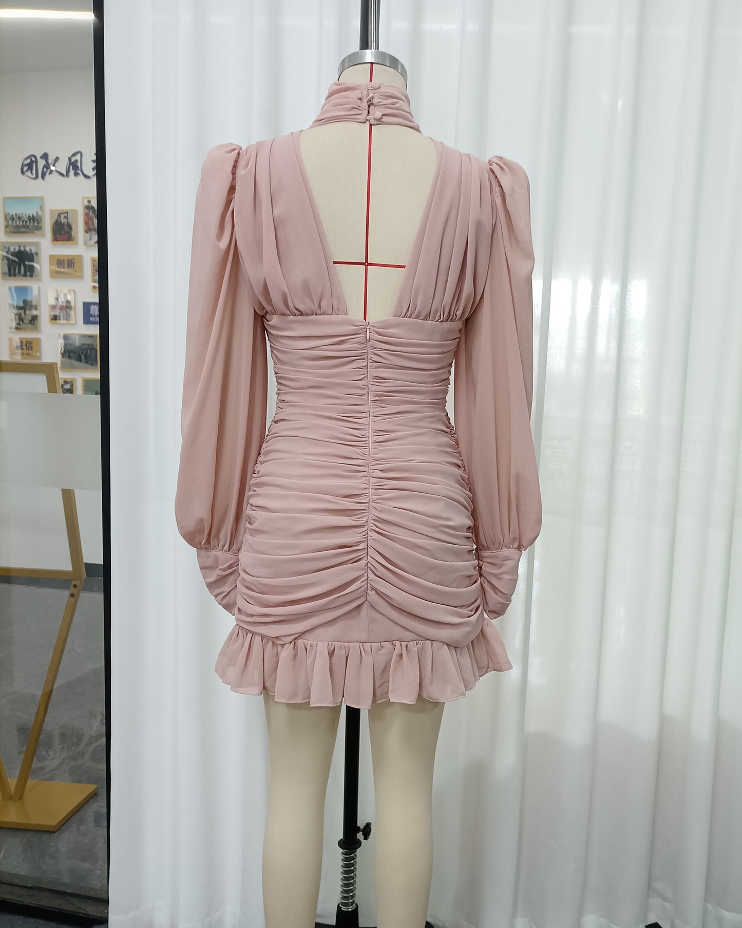 Pink Turtleneck Twist Ruched Puff Sleeve Mini Dress