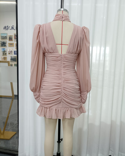 Pink Turtleneck Twist Ruched Puff Sleeve Mini Dress