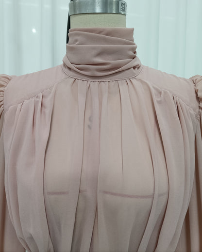 Pink Turtleneck Twist Ruched Puff Sleeve Mini Dress
