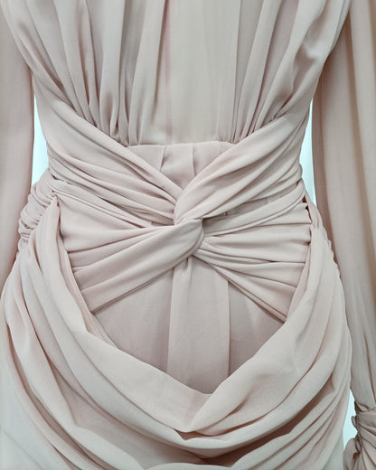Pink Turtleneck Twist Ruched Puff Sleeve Mini Dress