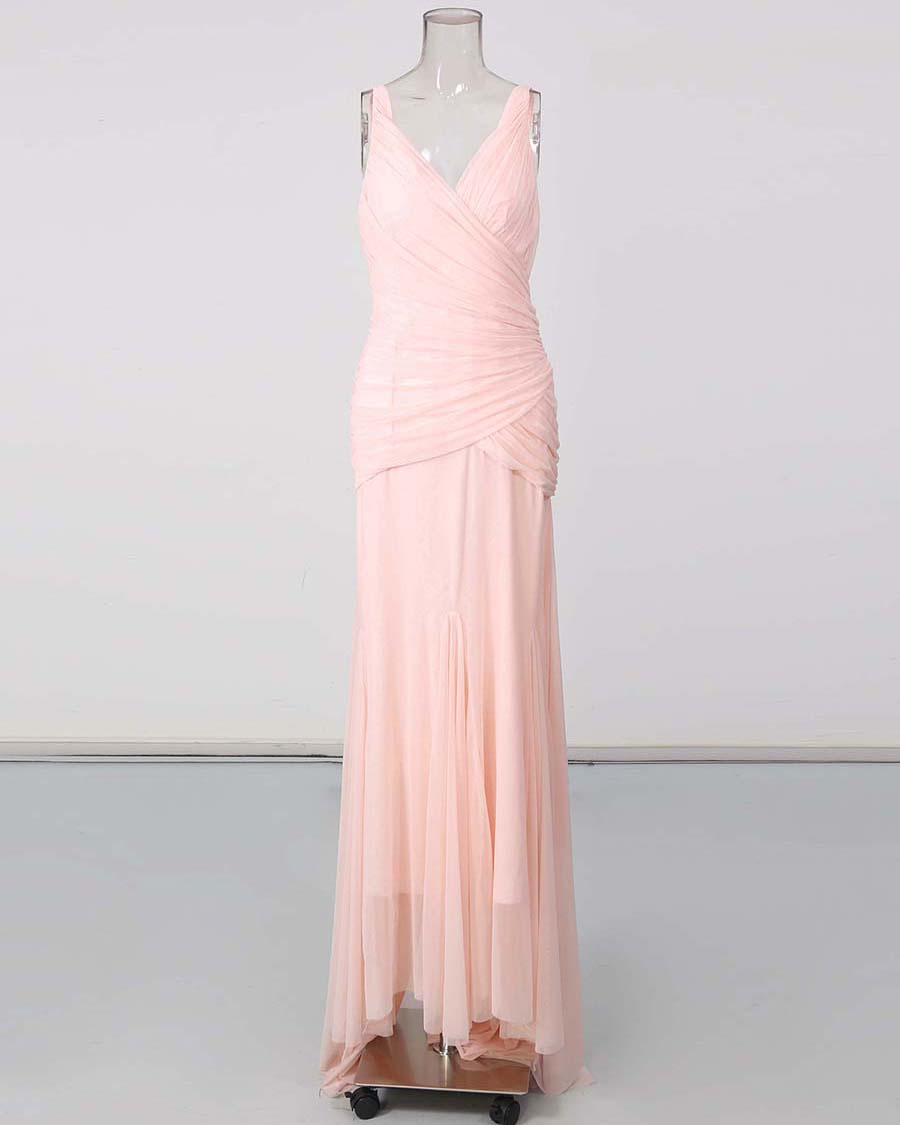 Pink V-neck Sleeveless Ruched Maxi Dress