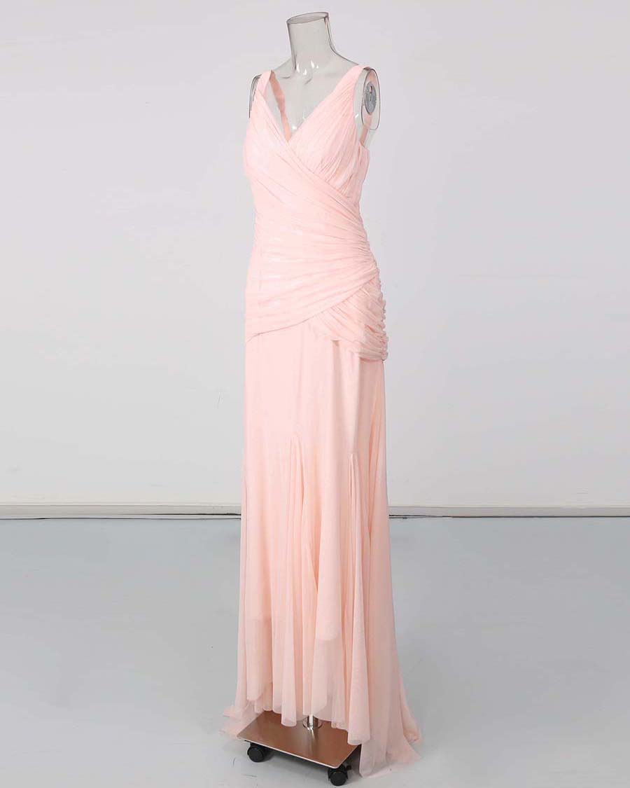 Pink V-neck Sleeveless Ruched Maxi Dress