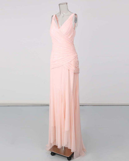 Pink V-neck Sleeveless Ruched Maxi Dress
