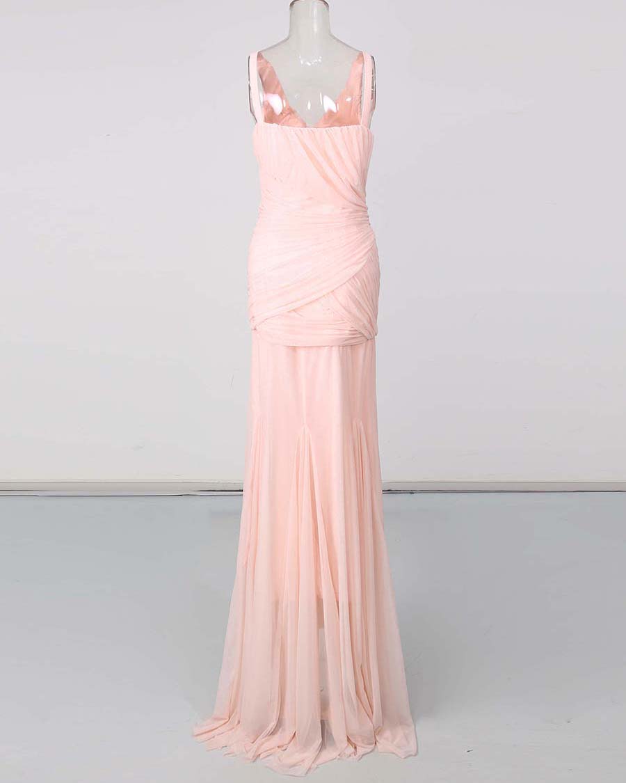 Pink V-neck Sleeveless Ruched Maxi Dress
