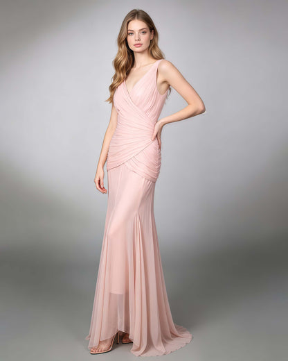 Pink V-neck Sleeveless Ruched Maxi Dress