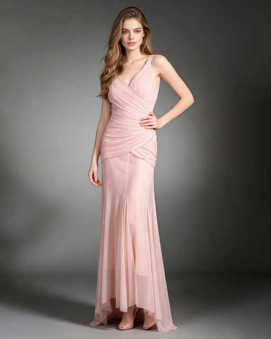 Pink V-neck Sleeveless Ruched Maxi Dress