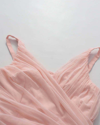 Pink V-neck Sleeveless Ruched Maxi Dress