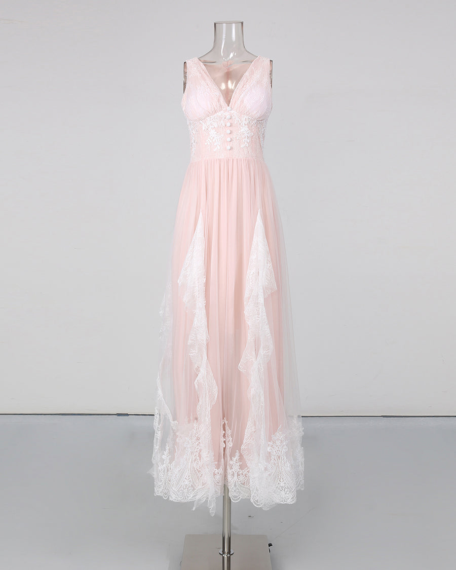 Pink V‑Neck Sleeveless Lace Embroidery Maxi Dress