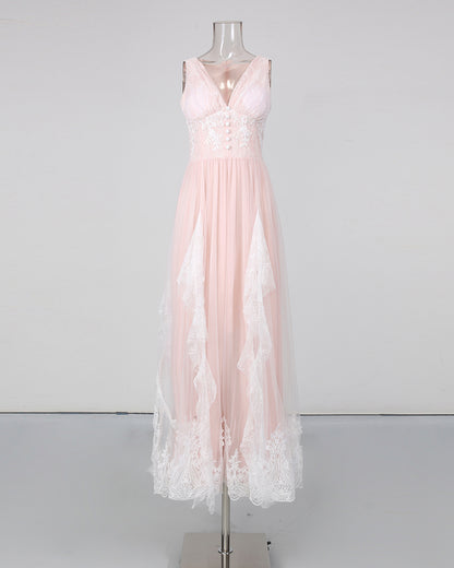 Pink V‑Neck Sleeveless Lace Embroidery Maxi Dress
