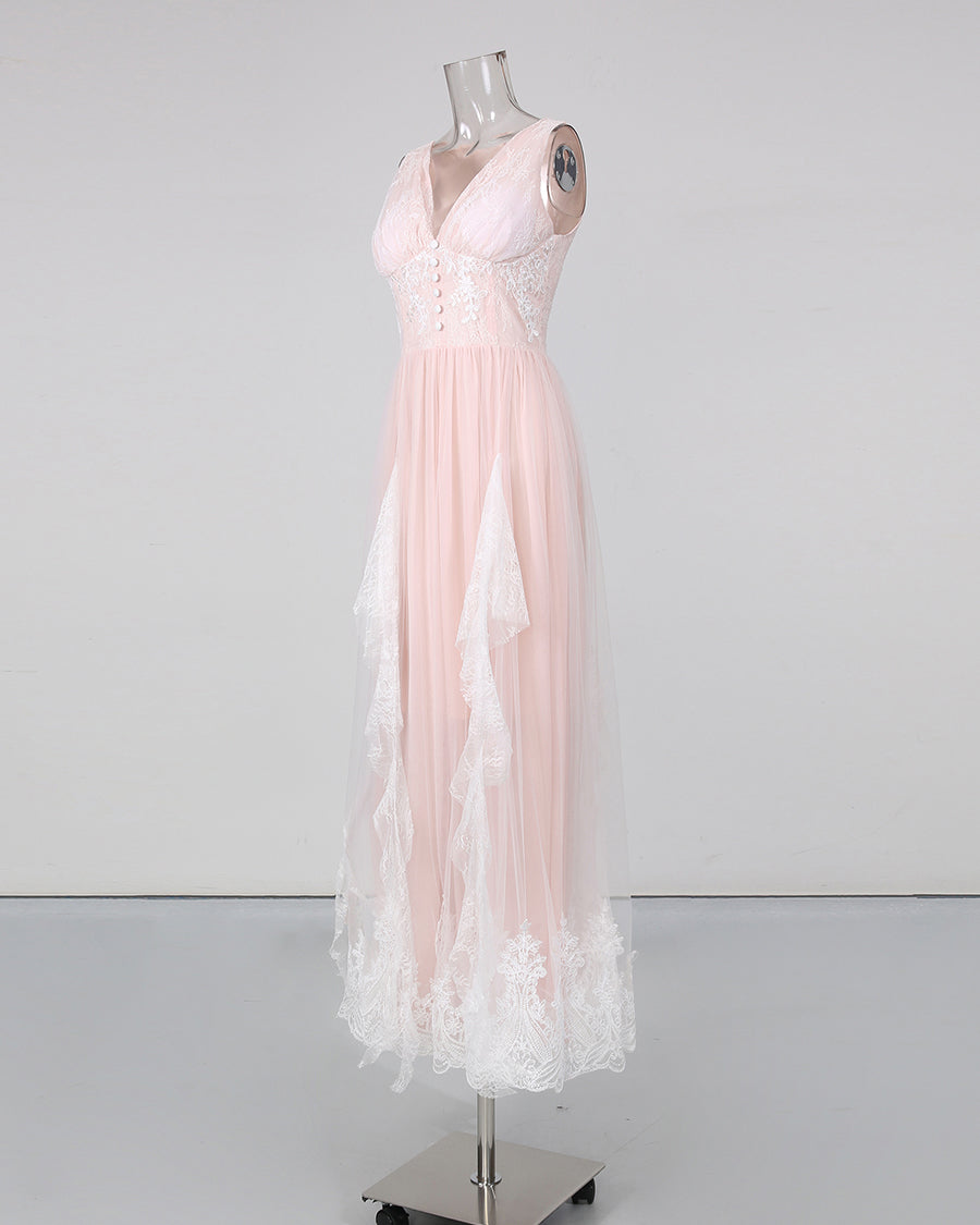 Pink V‑Neck Sleeveless Lace Embroidery Maxi Dress