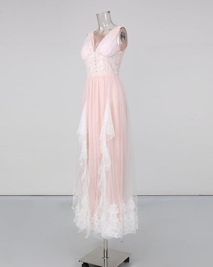 Pink V‑Neck Sleeveless Lace Embroidery Maxi Dress