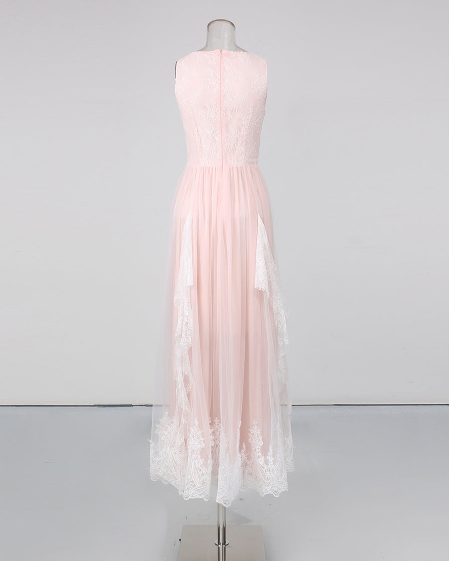 Pink V‑Neck Sleeveless Lace Embroidery Maxi Dress