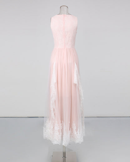 Pink V‑Neck Sleeveless Lace Embroidery Maxi Dress