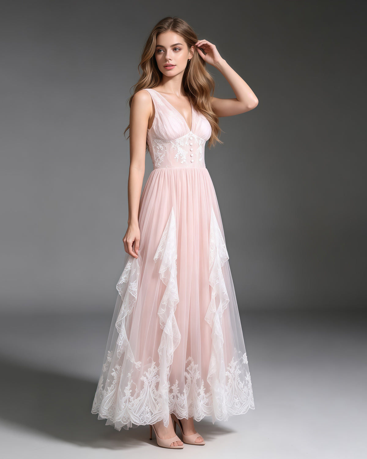 Pink V‑Neck Sleeveless Lace Embroidery Maxi Dress