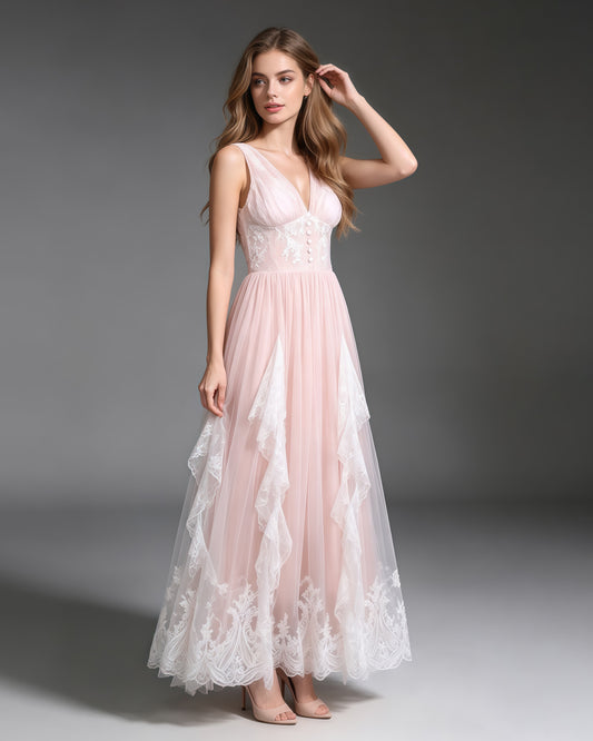 Pink V‑Neck Sleeveless Lace Embroidery Maxi Dress