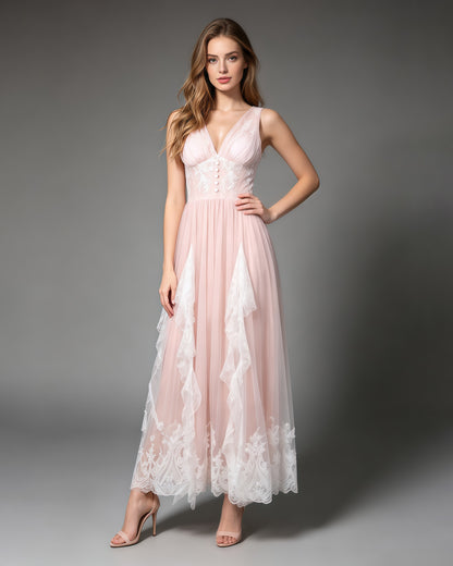 Pink V‑Neck Sleeveless Lace Embroidery Maxi Dress