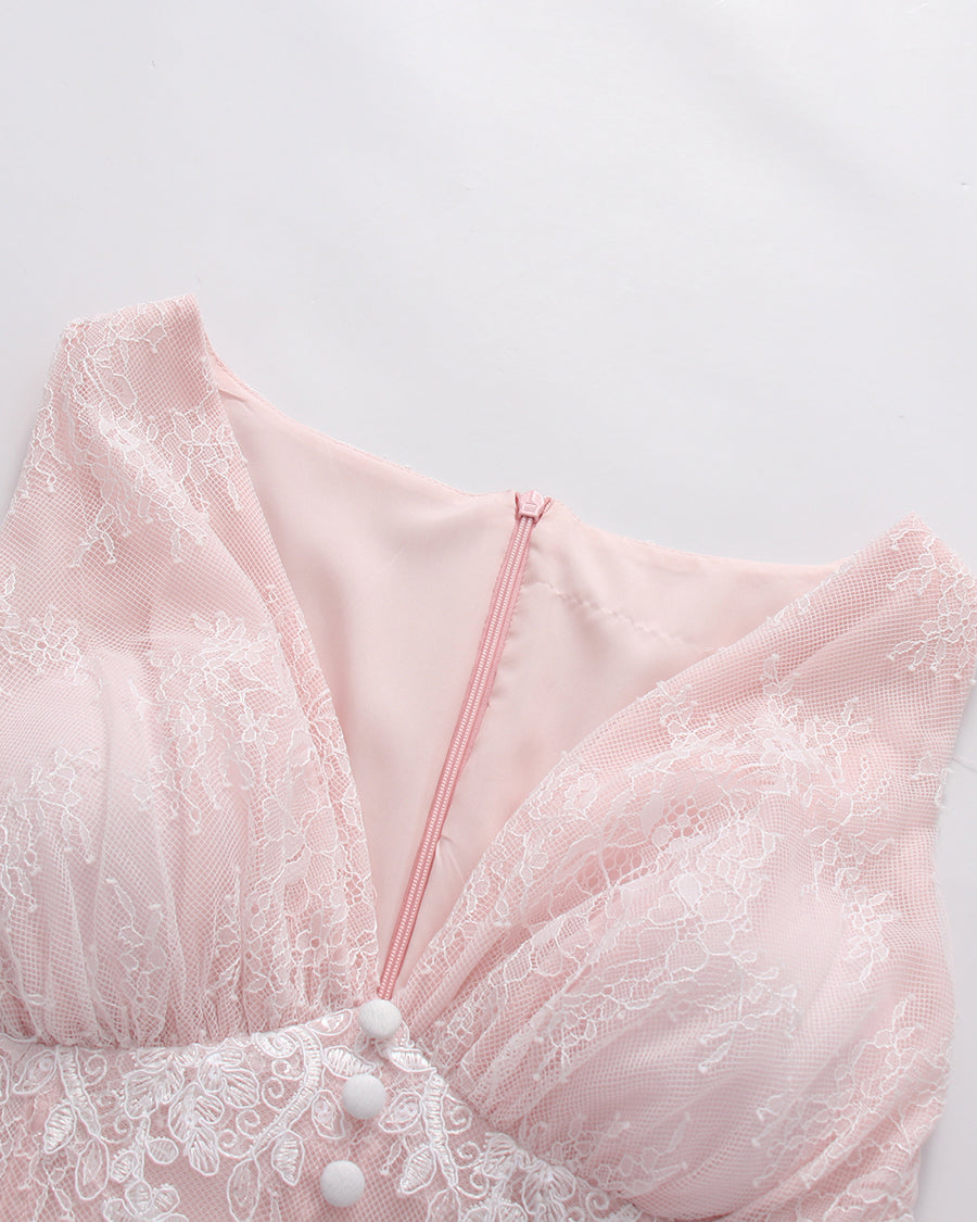 Pink V‑Neck Sleeveless Lace Embroidery Maxi Dress