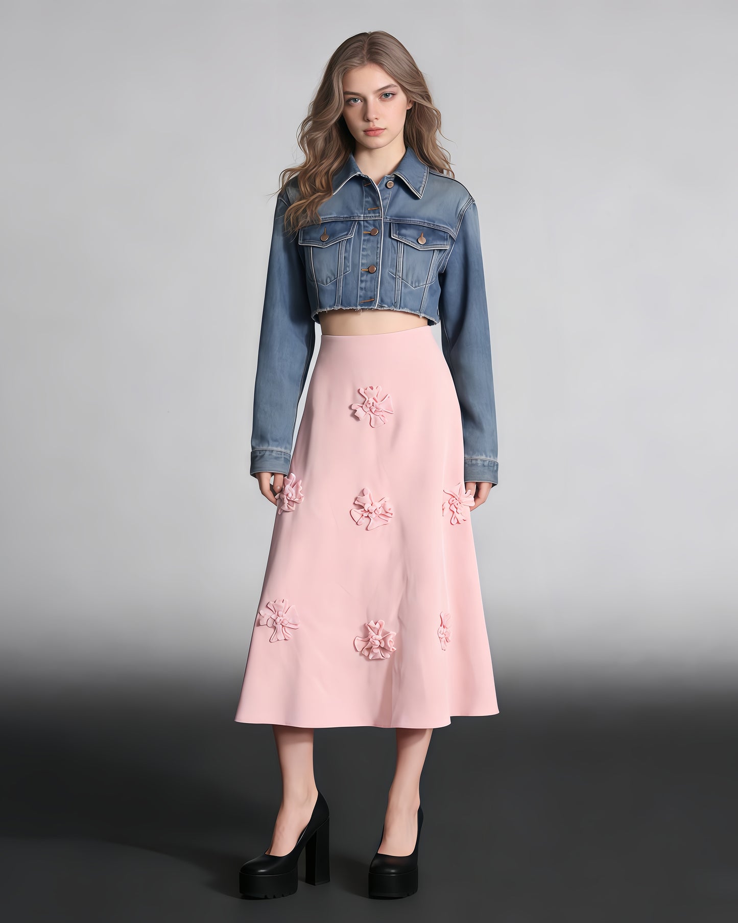 Pink 3D Floral A-Line Midi Skirt