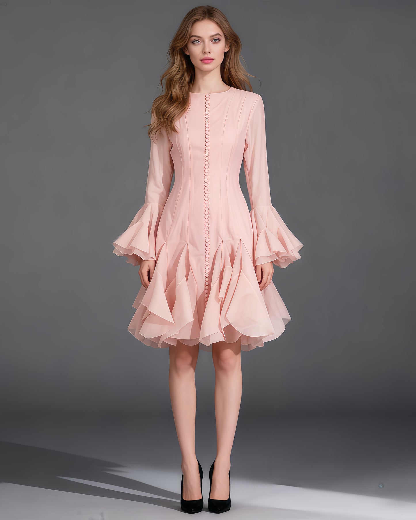 Pink Bell Sleeve Ruffled Long Dress with Button Front