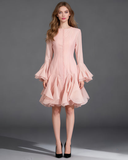 Pink Bell Sleeve Ruffled Long Dress with Button Front