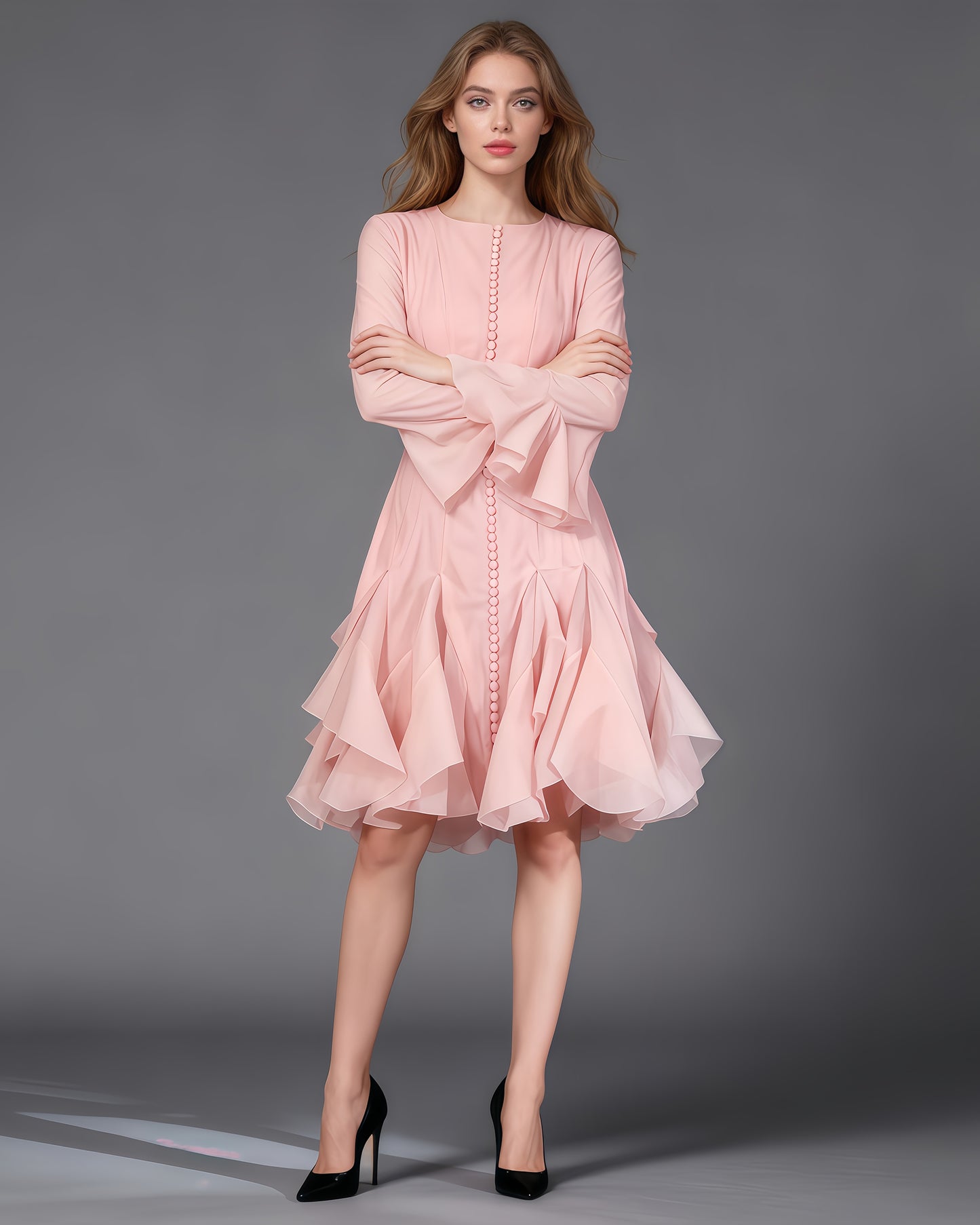 Pink Bell Sleeve Ruffled Long Dress with Button Front
