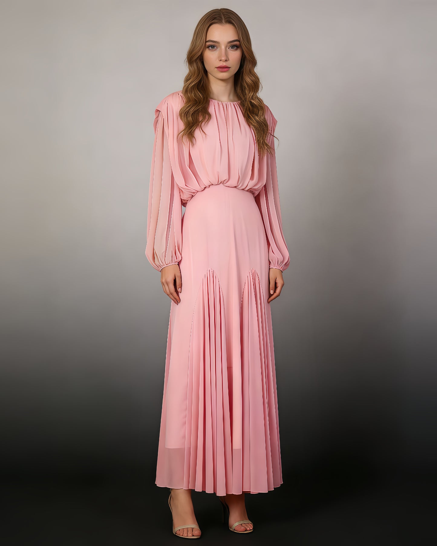 Pink Fitted Pleated Chiffon Maxi Dress