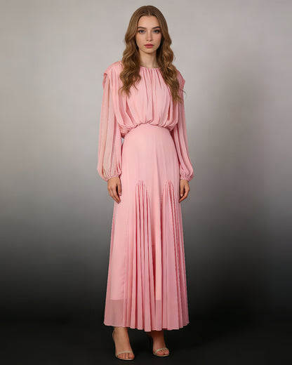 Pink Fitted Pleated Chiffon Maxi Dress
