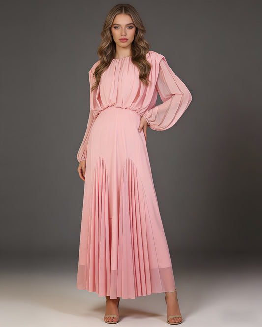 Pink Fitted Pleated Chiffon Maxi Dress
