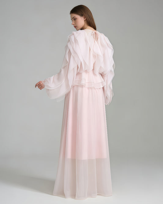 Pink Ruffle Layered Chiffon Maxi Dress