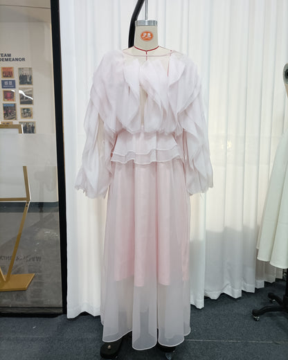 Pink Ruffle Layered Chiffon Maxi Dress