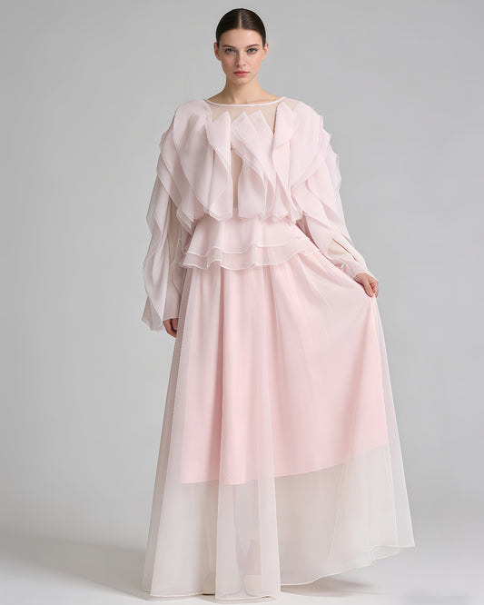 Pink Ruffle Layered Chiffon Maxi Dress