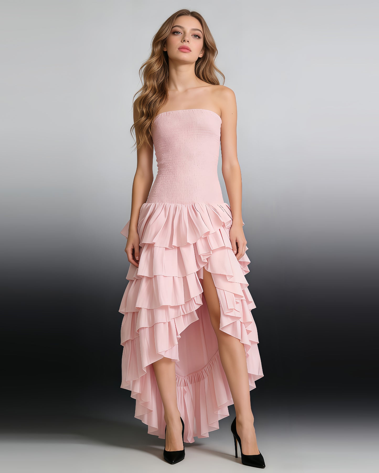 Pink Strapless Smocked Ruffle Dress