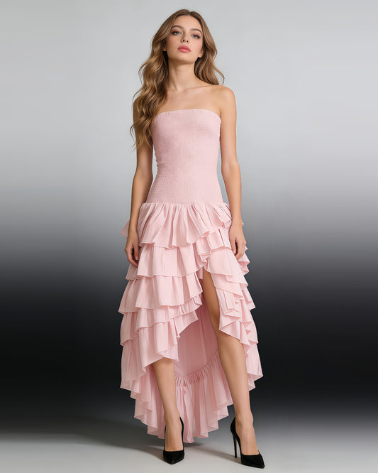 Pink Strapless Smocked Ruffle Dress