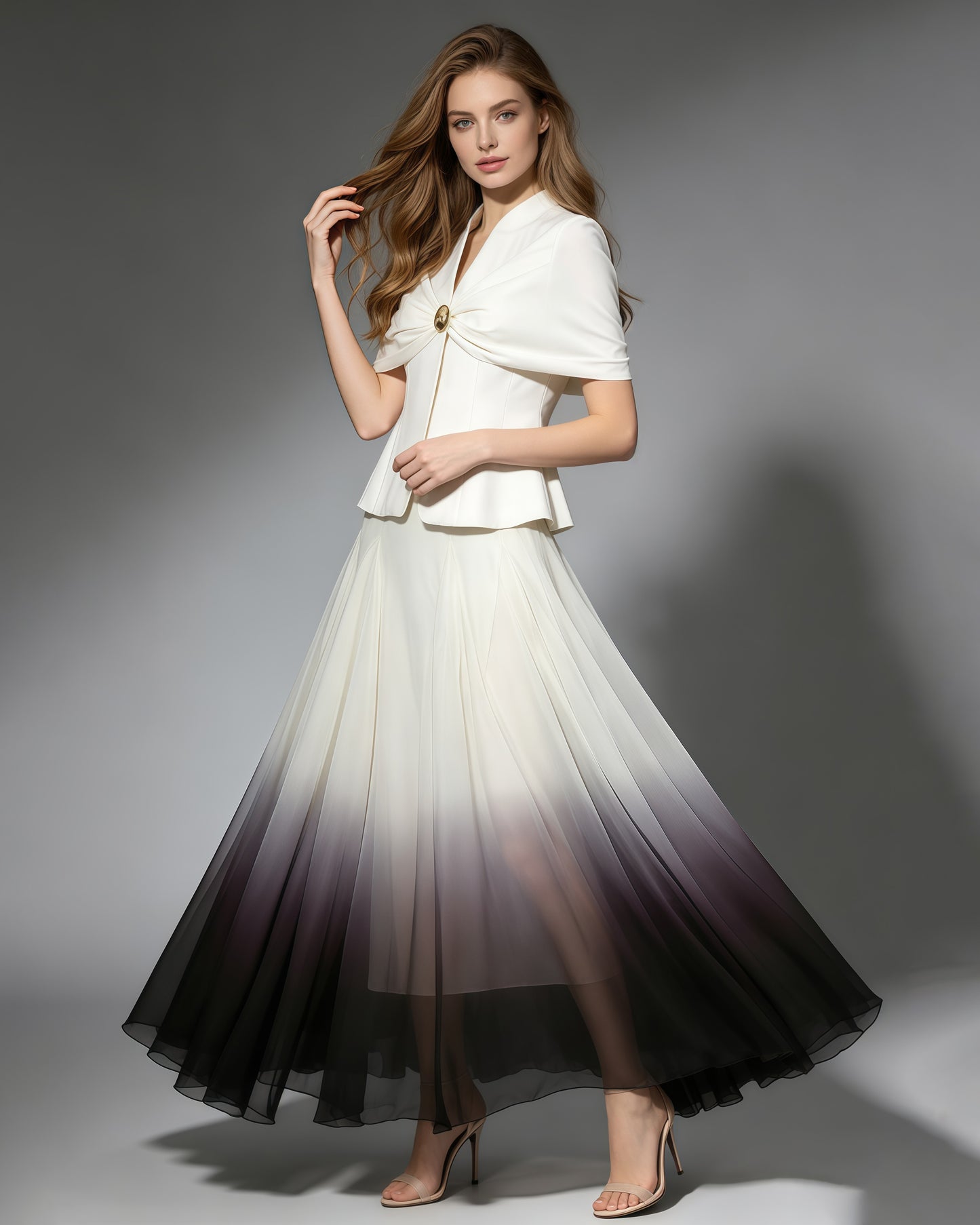 Pleated Cape Blazer Ombre Maxi Skirt Set