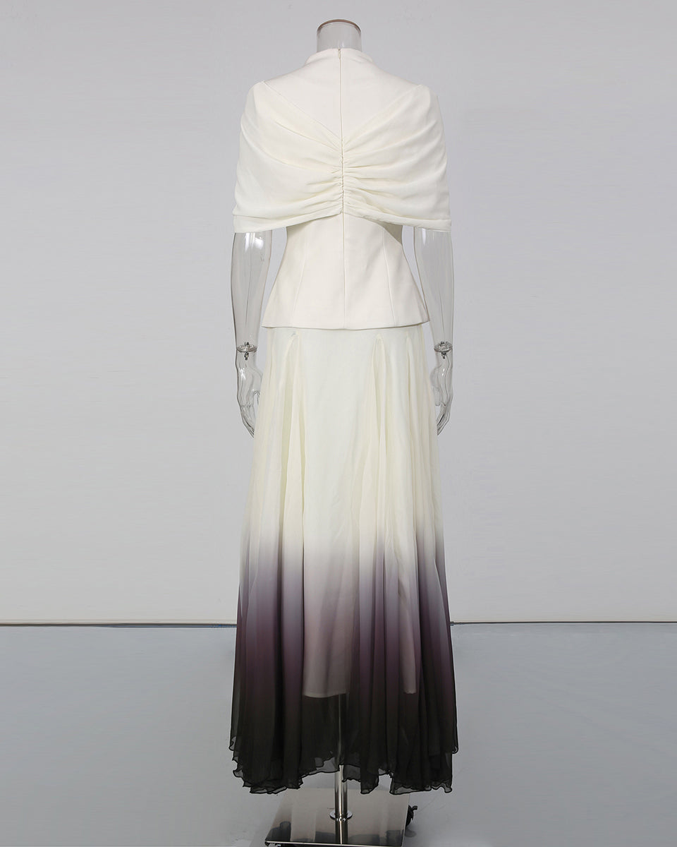 Pleated Cape Blazer Ombre Maxi Skirt Set